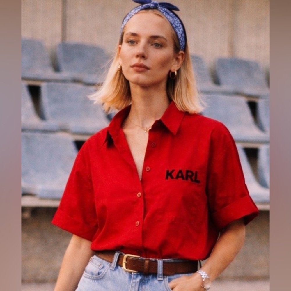 Karl Lagerfeld Red Cropped Boxy Button-Up Shirt